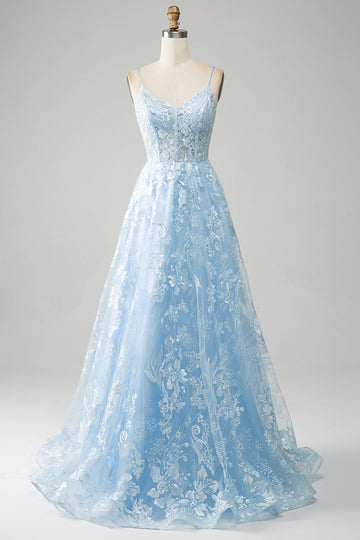 Azzurro cielo A-Line Spaghetti Straps Lace lungo corsetto Prom Dress